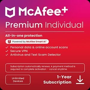 McAfee+ Premium Individual Antivirus & Internet Security Software, For Unlimited Devices, 1-Year Subscription Auto-Renewal, Product Key