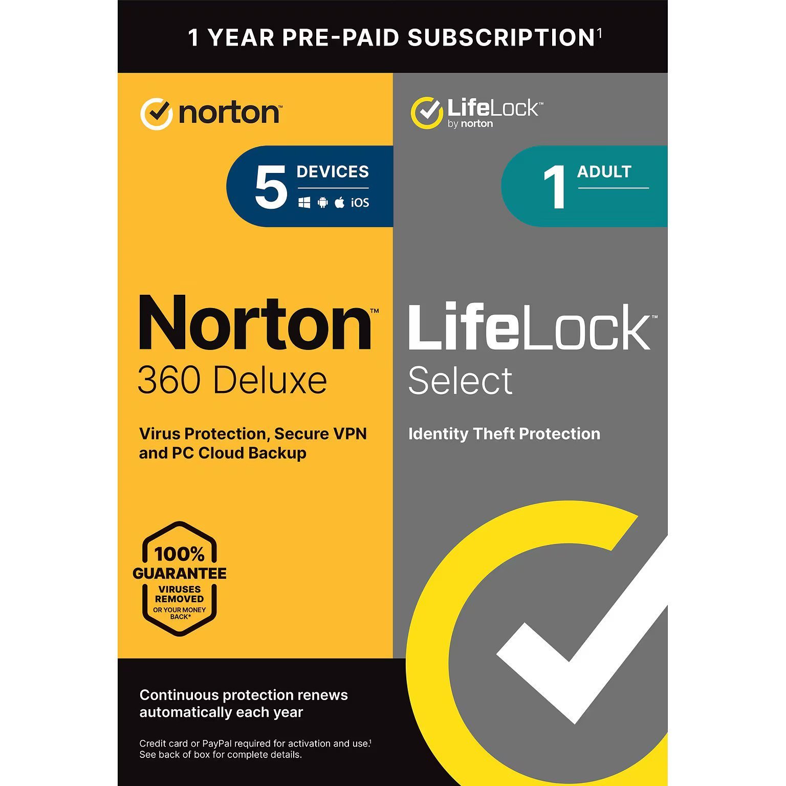 Norton 360 Deluxe with LifeLock Select for 5 Devices, Windows/macOS/Android/iOS